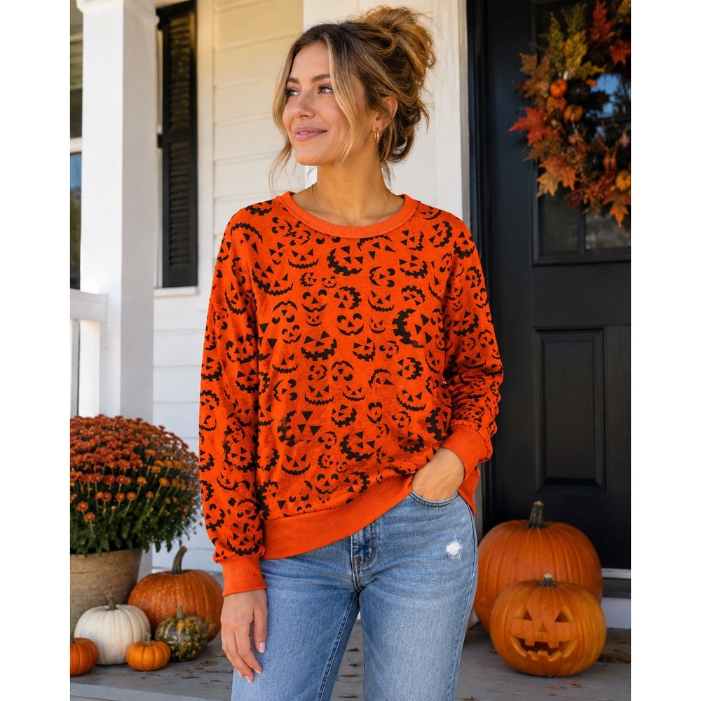 Halloween Pumpkin Jack O Lantern Orange Black Sweatshirt Raglan Pullover Medium